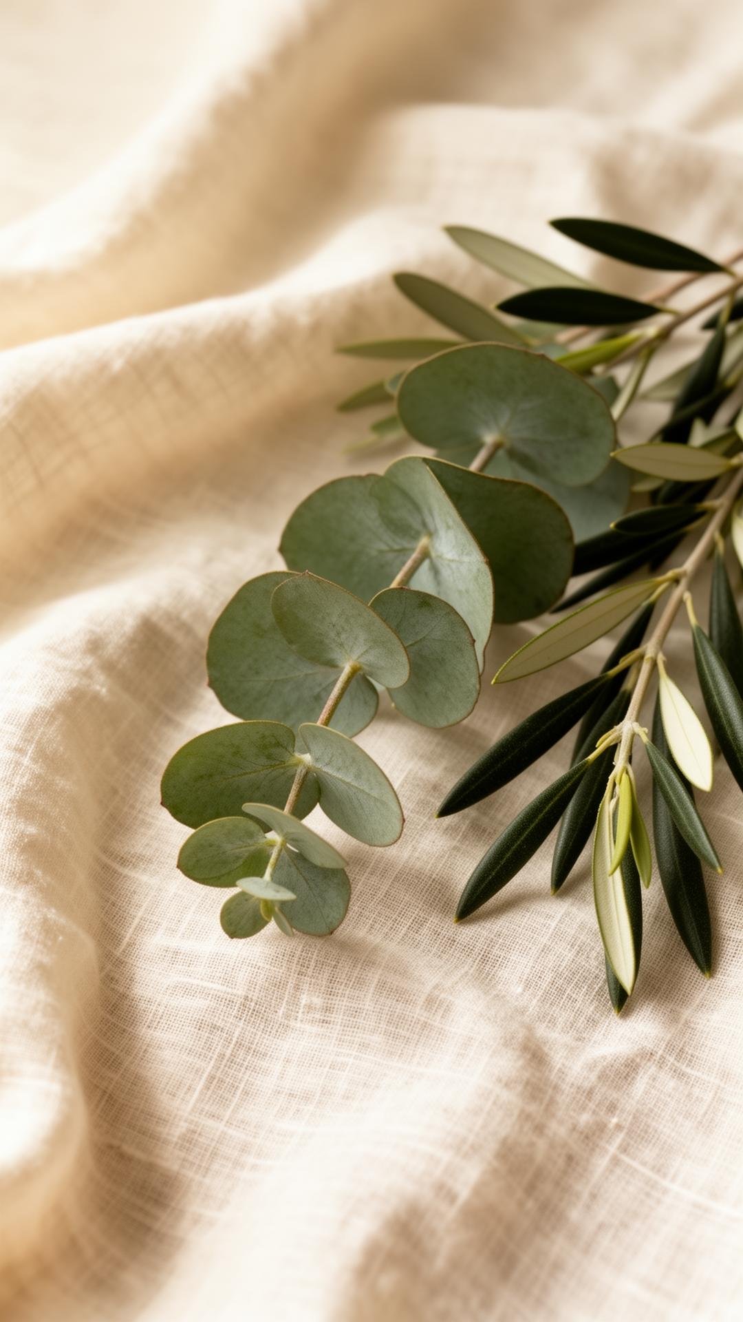 Eucalyptus and olive on linen